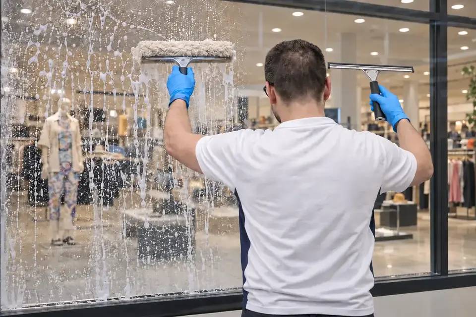 Profesional de Innovalimp realizando limpieza de cristales en Madrid